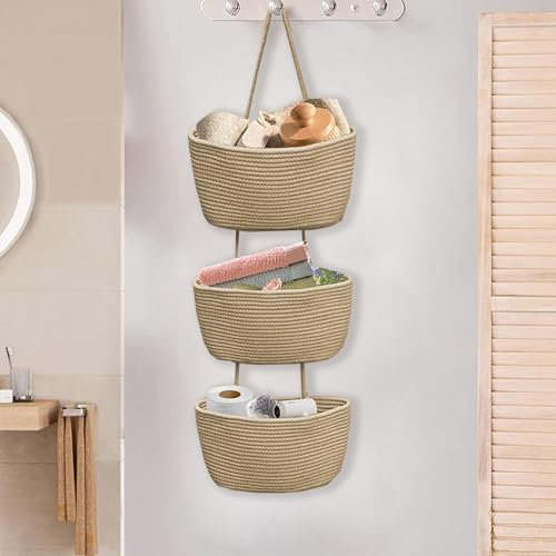 Royiwe Hängeorganizer Organizer Wand, Premium Leinen mit 3 stufiger Hängekorb aus Baumwollseil gewebt, Hängende Tasche Aufbewahrungstasche für Schlafzimmer, Wohnzimmer (braun)