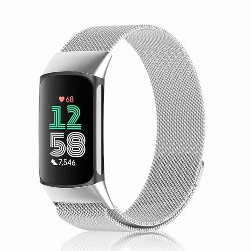 PaceBid Bracelet Compatible avec Fitbit Charge 6/Fitbit Charge 5, Métal Acier Inoxydable Tissé en Maille Ajustable Magnétique Bracelet de Montre Femmes Hommes pour Fitbit Charge 6 -Argent