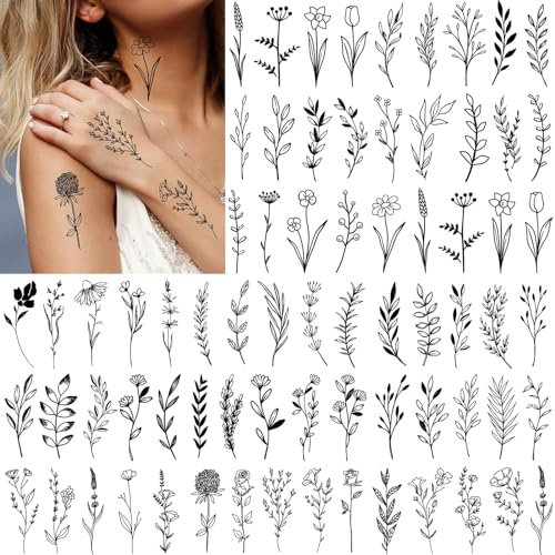 120 Stile Schwarze winzige Zweig-Blumen-Temporäre Tattoos für Frauen und Mädchen, Kleine realistische falsche Blumen Temporäre Tattoos für Erwachsene auf Körper, Hände, Arme (30 Blätter)