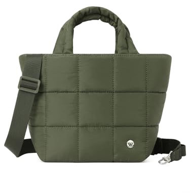 WESTBRONCO Kleine Puffertasche, gesteppte Crossbody-Tasche für Damen, Puffy-Geldbörse, Nylon, Schulter-Handtasche mit verstellbarem Riemen, Grün , Medium, Tragetasche