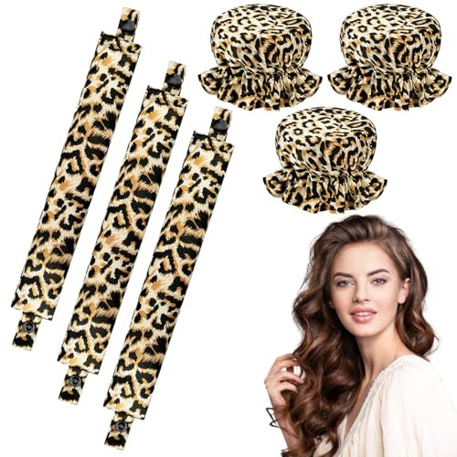 Locken Ohne Hitze, 3 Stück Heatless Curls Set Lockenwickler, Neu Rutschfest Heatless Curls, Heatless Curls Silk Haarcurler für Kurzes, Mittleres, Langhaarmädchen, DIY Overnight Curls(Leopardenmuster)