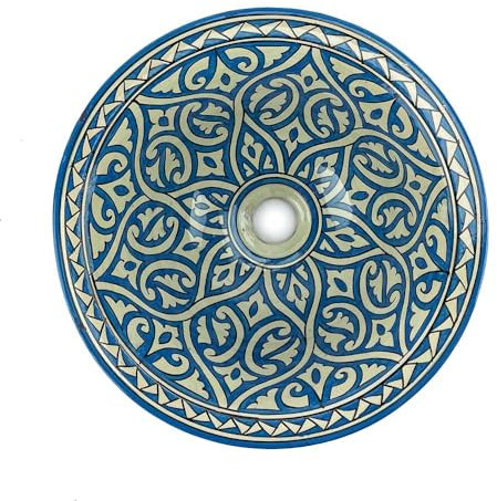 Lavabo lavabo marroquí pintado a mano de cerámica, diámetro 35 x h 15 cm, baño, terraza y jardín