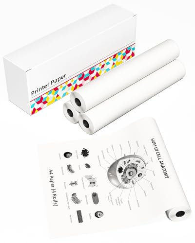 Phomemo A4 Thermopapierrolle Kompatibel mit Phomemo M08F/M832/M833/M834 Tragbarem Thermodrucker, 210mm x 6.5m (8.27'' x 255.90''), 4 Rollen, für Unternehmen, Rechnungen, Verträge, Lernen