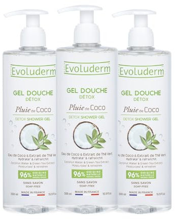EVOLUDERM - Gel Douche Pluie de Coco - 500 ml - 96% d'Origine Naturelle - Végan - Fabrication Française - Lot de 3 x 500 ml