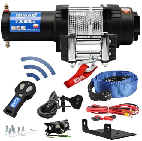 Husar Winch Elektrische Seilwinde 12V, 3000 lbs | 1360 kg, Stahlseil 12 m, 3-stufiges Planetengetriebe, Funkfernbedienung, automatische Bremse, Montagesatz – ideal für ATV/UTV + KOSTENLOSER BERGEGURT