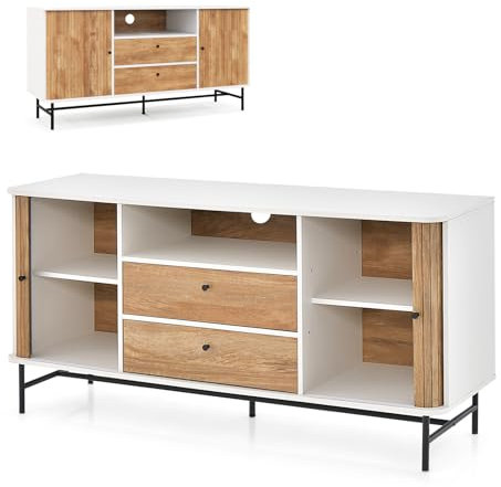 KOMFOTTEU Sideboard mit Schiebetüren, Buffetschrank mit 2 Schubladen & 1 offenem Regal, Kommode Holz mit Kippschutz, Fernsehschrank für Wohnzimmer, Küche, 150 x 45 x 74 cm