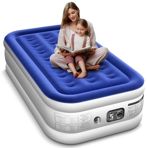 Xsleep Materasso ad aria gemellare, alto 40,6 cm, materasso ad aria gemellare, con pompa, attivabile in 1-3 minuti, gonfiaggio/sgonfiaggio rapido, per tutti gli ambienti interni ed esterni, blu e