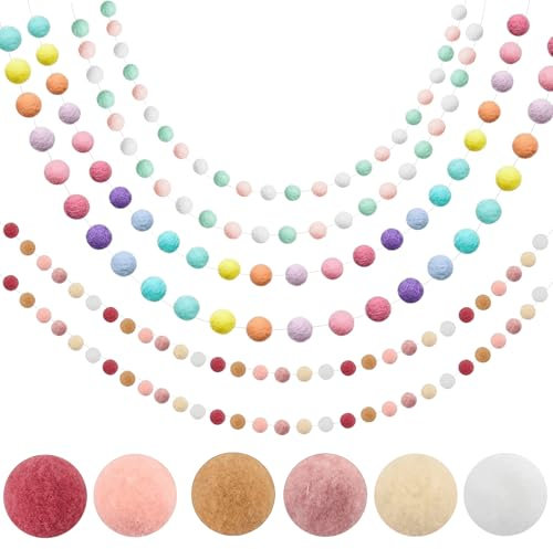 6 Stück Bunte Filzkugeln Girlanden, Pompom Girlanden Filzkette mit 180 Stück Bunte Mini Pompons, Wolle Filz Ball Girlande, Pompom Bälle, Flauschigen Plüschbälle für Babybett Deko Geburtstagsfeier