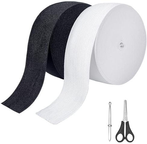 Furuising 2 Rolls 50mm/2inch White&Black Elastic for Sewing 20M(10M Each) | Flat Elastic Bands, Sewing Elastic Bands with Scissor, Threading Pinch, Stretchable Waistband for Trouser, Headbands