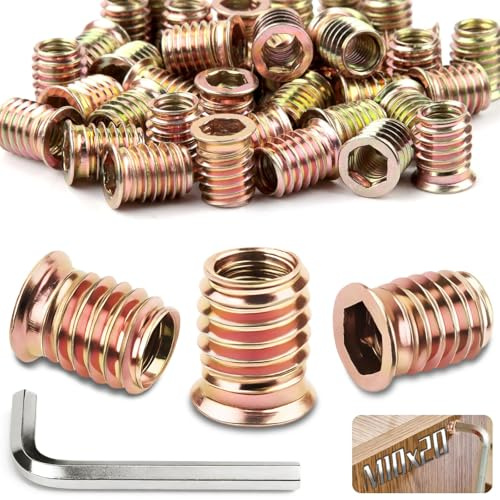 TXXATX 40 Stück Einschraubmutter M10x20mm Gewindeeinsatz Holz | Einschraubmuttern M10, Innensechskant Gewindehülsen, mit Allen Wrench, Kiefer, Sperrholz, Verbundplatten, Furniture