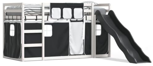 LAPOOH Bunk Bed with Slide and Curtains White and Black 90x190 cm,Bunk Bed Frame,Double/Single Bed,Bunk Bed-3284128
