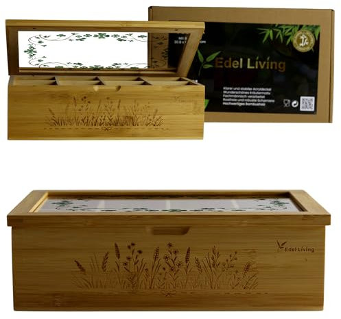 Edel Living Premium Teebox mit 8 Fächern, Acrylglasfenster, Kräutergravur & Magnetverschluss - vielseitig verwendbar für teeboxen für teebeutel, Kaffeekapseln & mehr (Transparentem Kleeblattzweigen)