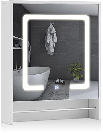 ZBAOLTO Badezimmer-Spiegelschrank mit 1 Tür, mit LED-Lichtern, Badezimmerschrank mit verstellbaren Einlegeböden, leicht erreichbarer Schrank für Duschraum, Wandmontage,60 x 70 x 15 cm