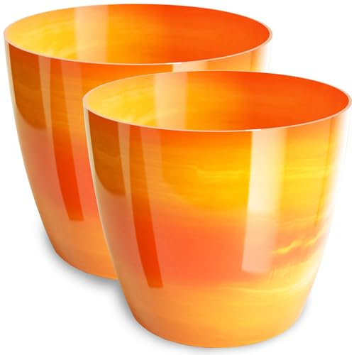 PECZEKO Maceta brillante, maceta de plástico, maceta decorativa para plantas grandes y pequeñas, juego de 2 macetas, macetero para hierbas, (2 unidades), color naranja, diámetro de 14 cm