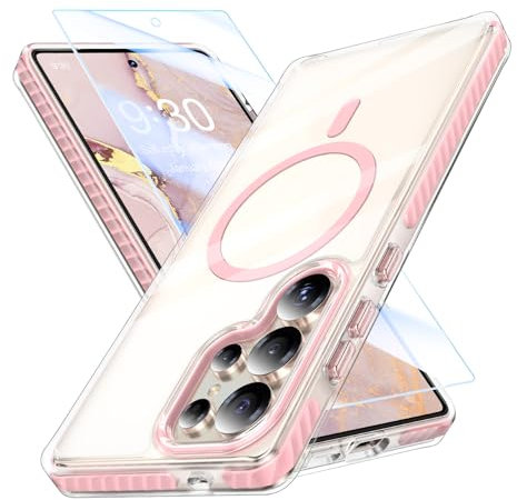 MATEPROX Custodia Magnetica per Samsung Galaxy S25 Ultra Trasparente Cover con Pellicola Protettiva, Compatibile con MagSafe, Antigiallo Antiurto Protettiva Cover per Galaxy S25 Ultra-Rosa