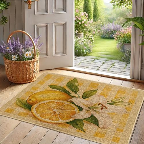 Fußmatte mit Zitronenmuster, gelbe Zitrone und weiße Lilie, Innen- und Außenbereich, Eingangsdekoration, rutschfest, wasserdicht, staubabsorbierend, leicht zu reinigen, 73,2 x 43,2 cm