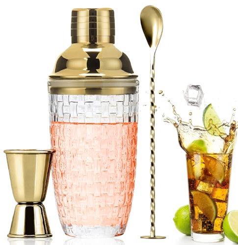 Glas Cocktail Shaker 400ML, Cocktailshaker Klarglas Gold Cocktail Shaker Shaker Glas Shaker Mixer Set mit Jigger Gold Bar Spoon für Zuhause Bar Fruchtsäfte Getränke