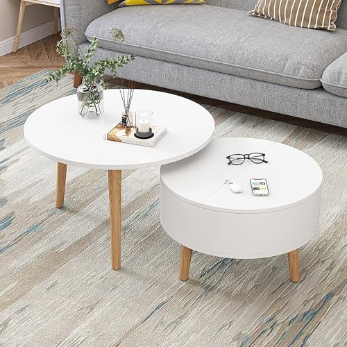Nordivo 2er Set Runde Couchtische mit Stauraum, Stapelbare Wohnzimmertische aus Holz mit Klappdeckel, Kleiner Beistelltisch mit Verstecktem Fach für Wohnzimmer oder Kleine Räume(60cm/23.6in,White)