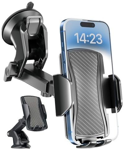 Hoppac Porte Telephone Voiture, Support Téléphone Voiture Ventouse Socles Portable pour Automobile, Tableau de Bord et Voiture Pare Brise, 360 Rotation, Un Bouton de Libération, pour 4-7 in Smartphone