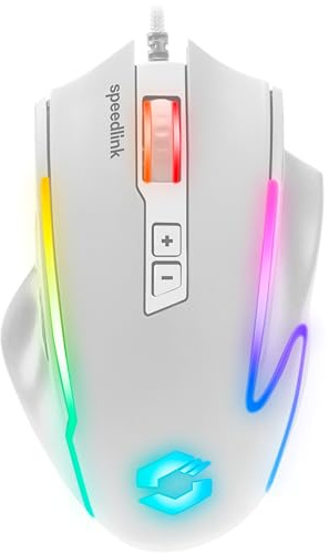 Speedlink DECUS NX - RGB Gaming Maus mit Kabel, bis 12800dpi, Programmierbar, Dauerfeuer Taste, USB kabelgebunden ummantelt, 1000Hz Pollingrate, weiß