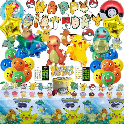 Cartoon themed Kinder Geburtstag Deko, 47 Stück Kinder Geburtstag Party Set, Enthält Banner, Tischdecke, Kuchendekoration, Hangende Fiquren, Tattoo-Aufkleber, Anime-Folienballons, Latexballons