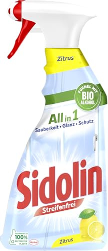SIDOLIN Streak-free All in 1 Citrus (500 ml), Glass Cleaner Gives Cleanliness, Shine & Protection, Window Cleaner with Organic Alcohol, Bottle Made from 100% Recycled Plastic