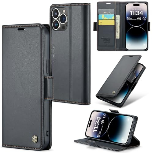 Idhiem for iPhone 14 Pro Flip Case, PU Leather Wallet Cover with RFID Blocking, Magnetic Closure Card Holder and Kickstand, Shockproof Protective Case- Black