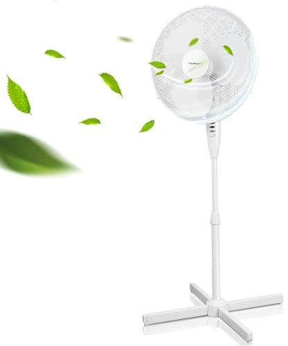 Aigostar - Standventilator mit 7 Klingen, 41 cm Durchmesser, leise Standventilator mit 75° Oszillation, 3 Geschwindigkeiten, Ventilator Lufter höhenverstellbar von 108-123cm, 50W, Weiß