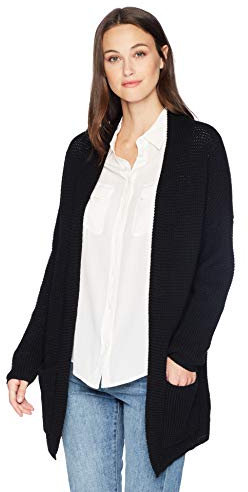 Cable Stitch Damen Strickjacke mit offener Vorderseite, Waffelstich, Größe M, Schwarz
