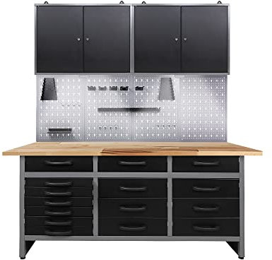 Ondis24 Werkstatteinrichtung 160cm, Werkstatt - Werkbank, Hängeschrank, Euro - Lochwand mit Haken, inkl. LED Beleuchtung