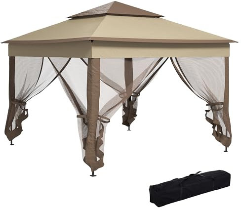 Outsunny Faltpavillon Pavillon Gartenzelt mit Seitenwänden Pop-up-Zelt Gartenpavillon mit Transporttasche Khaki 3,25 x 3,25 x 2,65 m