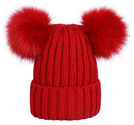 LAUSONS Kinder Kunstfell Bommelmütze Mädchen Winter Strickmütze mit Zwei Bommeln Rot
