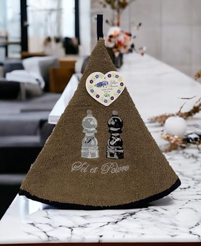 Villages de Provence Handtuch Sel et Poivre - Rund mit Clip - Maulwurf - Gestickte Muster - 100% Baumwolle - Ø 65 cm im Durchmesser - Küche oder Bad - Maschinenwaschbar