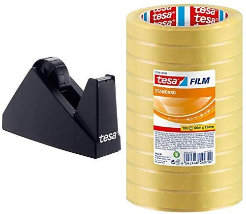tesa Tischabroller Economy, Schwarz, für große Rollen, 10 Rollen Tesa Klebeband, 66m x 15mm, PP-Folie, lösungsmittelfrei, Manuell, Kunststoff, Tape Dispenser