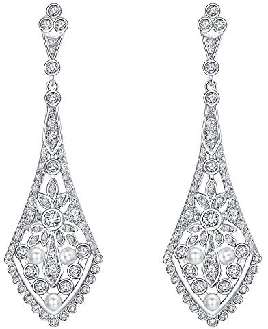EVER FAITH Damen CZ Cream kuenstliche Perle Luxury Art Deco Dangle Chandelier Blume Ohrringe Klar Silber-Ton