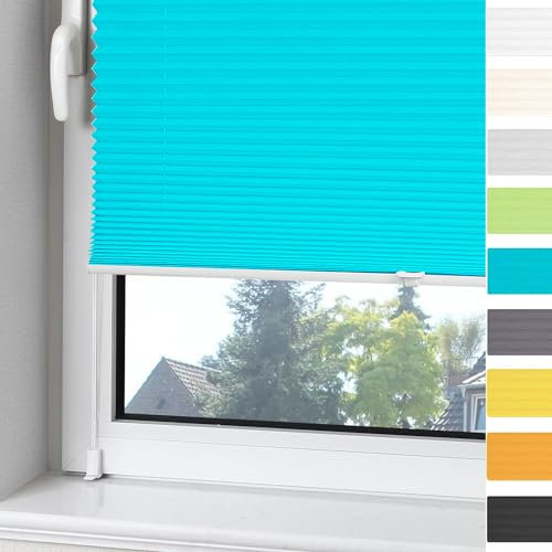 OUBO Plissee ohne Bohren Klemmfix Aluminium-Schienen, Blau 70x130cm (BXH), Jalousie Easyfix Faltrollo mit Klemmträger Sonnenschutz und Sichtschutz lichtdurchlässig Rollo für Fenster & Tür