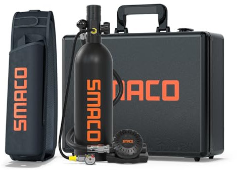 SMACO Mini Bouteille de Plongée 1L Réservoir de Plongée Support 15-20 Mins Respiratoires sous-Marins Plongée Réservoir d'oxygène pour Travail sous-Marin/Bouteilles de Rechange, Paquet A(Noir)