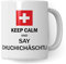 Tasse Schweiz lustig, Geschenk Schweizerdeutsch Dialekt Spruch: Keep Calm and Say Chuchichäschtli, Kaffeetasse Schweizerdeutsch für Schweizerin Schweizer Humor Witz Schweizerisch Kaffee-Becher