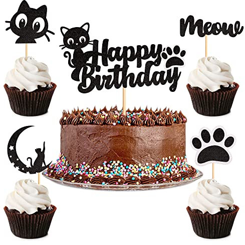Blumomon 25 x Cupcake-Topper mit Katze und Miau, schwarze Glitzer, Kätzchen, Kuchendekorationen für Katzenliebhaber, Kätzchen-Thema, Babyparty, Kindergeburtstag, Hochzeit, Party, Kuchendekorationen