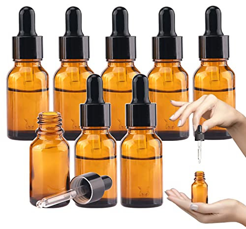 MRXBN 1/2 Oz Glass Dropper Bottle, 15mL Tincture Bottles with Dropper, Labels- Leak Proof Travel Eye Dropper Bottle Amber for Extracts & Essential Oil, Liquids, Perfume