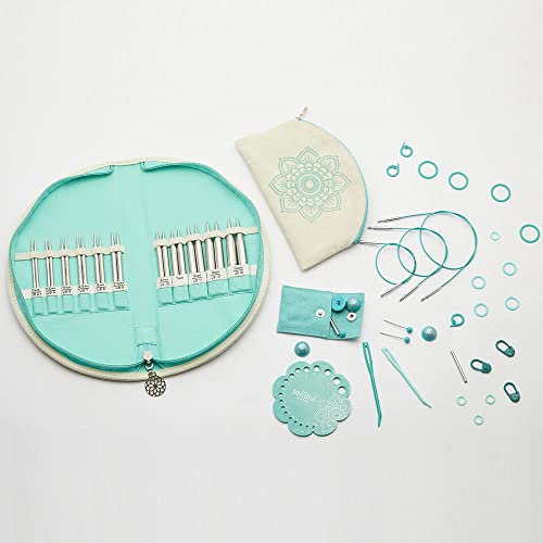 KNITPRO Mindful-Set WARMTH, kurze Edelstahl-Nadelspitzen + Zubehör, Art. 36310DE, deutsche Edition, blau & ecru