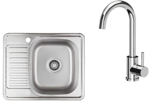 VBChome Fregadero empotrado con grifo, 58 x 48 cm, estructura de satén, izquierda de acero inoxidable, fregadero de cocina, superficie de almacenamiento, escurridor, desagüe de sifón, grifo cromado