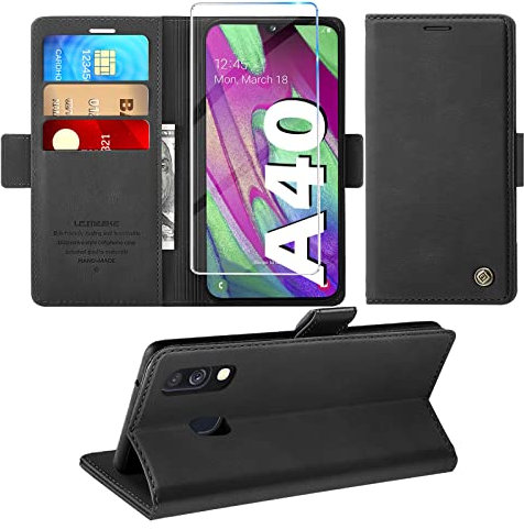 Handyhülle für Samsung Galaxy A40 Hülle mit Schutzfolie, Standfunktion Kartenfach Wallet Premium Leder Schutzhülle A40 Flip Case Cover Stoßfeste Klapphülle A40 5.9 Zoll (Schwarz)…