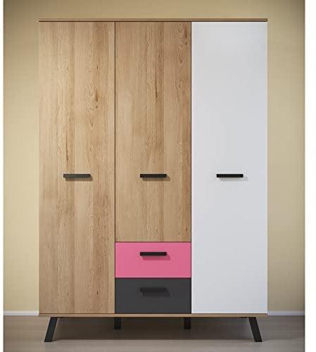 Kleiderschrank 3 türig mit 2 Schubladen, 1 Kleiderstange, 5 Böden und 4 Möbelfüße Babyzimmer in weiß, Graphit und Buche + wahlweise rosa oder blau, B/H/T ca. 130/190/61 cm