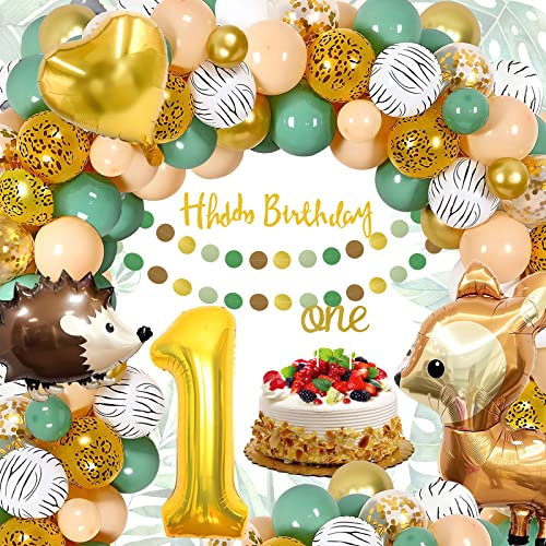 1 Geburtstag Deko Junge Mädchen, Victse Waldtiere Geburtstag Deko 1 Jahr, Grüne Luftballon 1 Geburtstagsdeko, Orange Braun Luftballon 1, Wild One Geburtstag Deko (A)