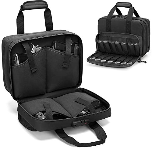 GOBUROS Gun Tactical Range Bag für 4 Handfeuerwaffen und Munition, Duffle Pistolentasche mit TSA-Schloss und 14x Magazinfächern für den Jagd-Schießstand-Sport