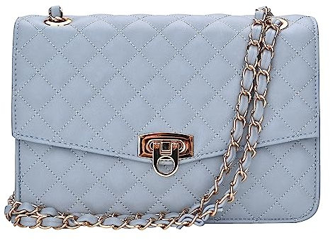 GM LIKKIE Gesteppte Umhängetasche für Damen, mittlere Klappe, Crossbody-Handtasche mit Kettenriemen, weiches veganes Leder, Clutch-Geldbörse (Hellblau)