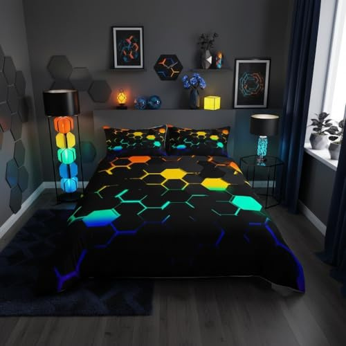 Manfei 3D Waben Bettbezug Set S Größe,Bunte Neon Licht Hexagon Bettwäsche Set Kinder Jungen Teens Mädchen Mode Geometrische Tröster Abdeckung Schwarz Cool Gaming Quilt Cover,1 Kissenbezug
