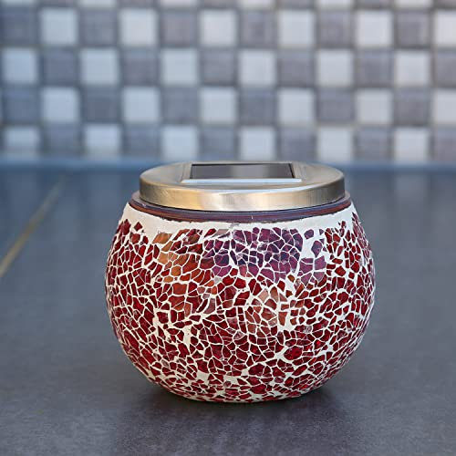 LED Solar Windlicht Mosaik Solarglas Mosaikglas mit Lichtsensor Solarleuchte dekorative Tischleuchte H: 10cm für Außen Garten Terrasse Balkon rot (rot)