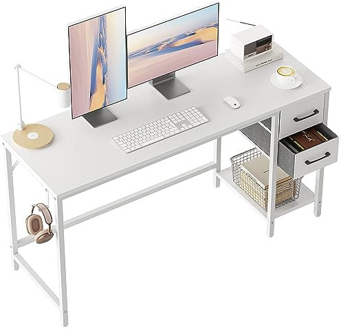 Cubiker Bureau d'ordinateur pour Le Bureau à Domicile avec tiroirs, 140 cm Petit Bureau pour étudier et écrire, Table d'ordinateur Moderne et Simple, Blanc